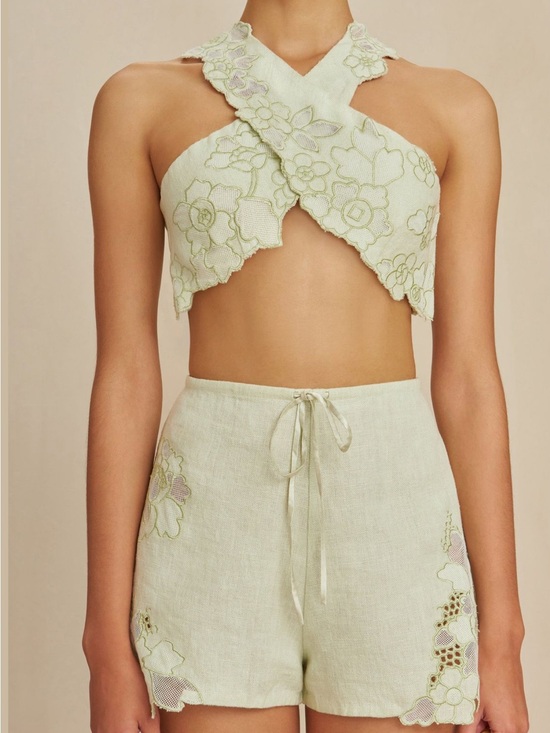 cult gaia Pants - Never Worn Cult Gaia Zuria Embroidered Linen Shorts in Honeydew